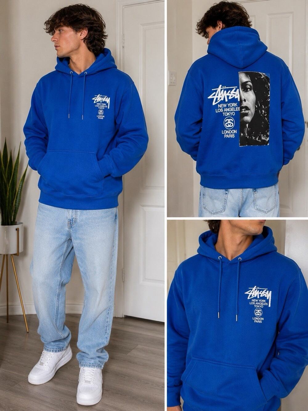 Stussy Pullover Hoodie Blue Fleece Logo Graphic Print Pockets Men M Regular